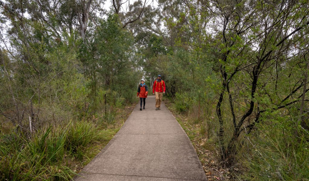 Two people walking along the path to The Lookdown lookout in Bungonia National Park. Photo: John Spencer &copy; DCCEEW