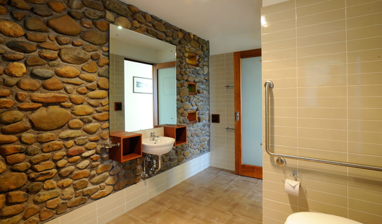 Modern bathroom at Mildenhall Cottage, Cape Byron State Conservation Area. Photo: D Taylor