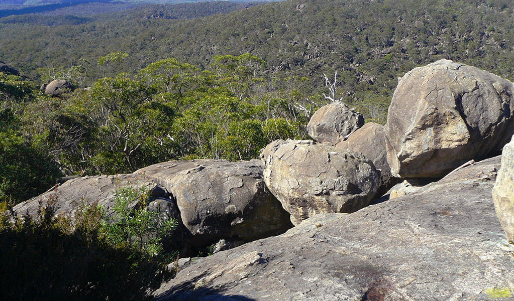 View of a series of giant boulders against a backdrop of ridges and valleys. Photo &copy; Barbara Webster
