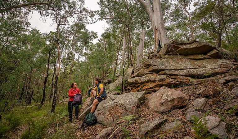 A man and woman sit on a rocky outcrop in open forest, Cattai National Park.  Photo: John Spencer &copy; OEH