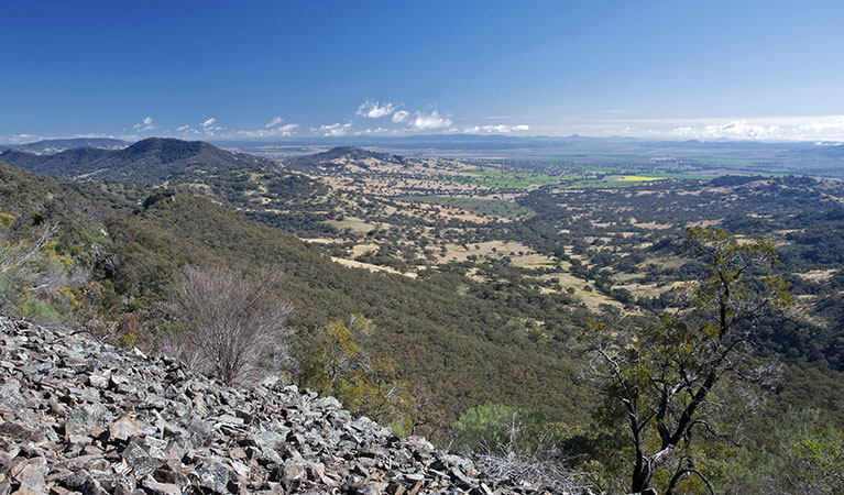 View past rock scree slope to wooded hills and distant open plains. Photo: Shane Ruming &copy; Shane Ruming