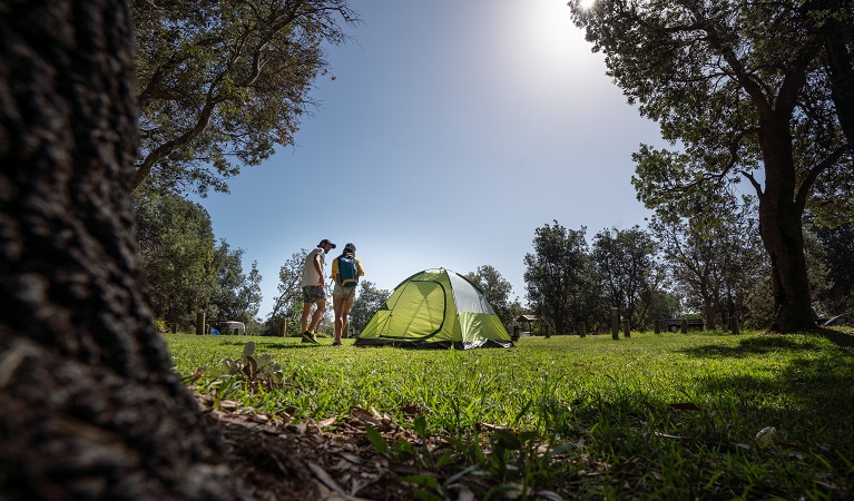 A view through trees of two campers by their tent in Crowdy Gap campground, Crowdy Bay National Park. Photo: &copy; Rob Mulally