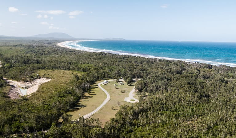 Aerial view of Crowdy Gap campground and nearby beach in Crowdy Bay National Park. Photo: Rob Mulally/DPIE