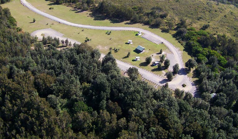 Birds-eye-view of Crowdy Gap campground in Crowdy Bay National Park. Photo: Kevin Carter