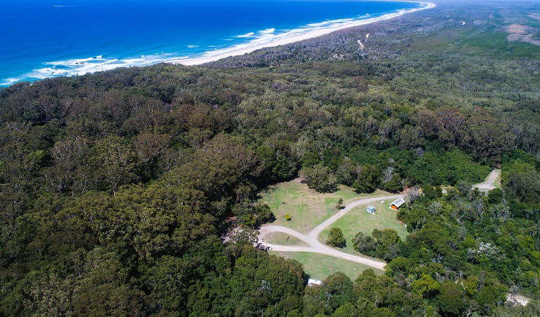 Aerial view of Indian Head campground, Crowdy Bay National Park. Photo: Rob Mulally/DPIE