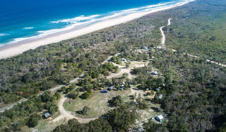 Aerial view of Kylies Beach campground, Crowdy Bay National Park. Photo: Rob Mulally/DPIE