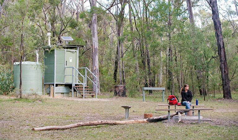 A visitor sits at a picnic table at Ten Mile Hollow campground in Dharug National Park. Photo: Nick Cubbin/DPIE