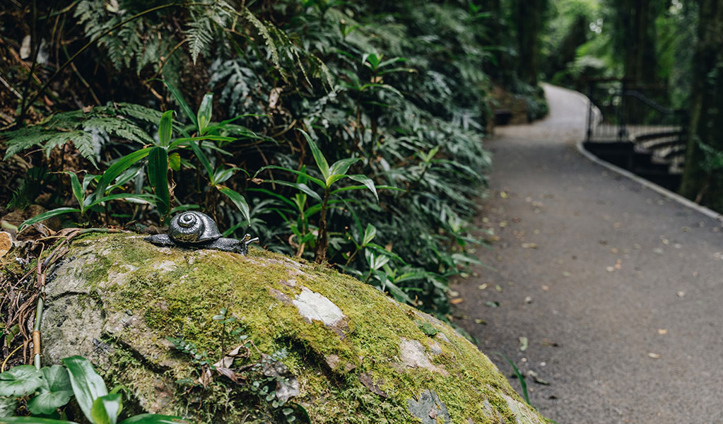 A close up of a sculpture of a snail on a rock along the Walk with the birds boardwalk. Credit: Jay Black &copy; DCCEEW