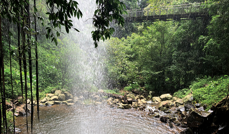 View looking out to the waterhole and suspension bridge from behind the Crystal Shower Falls waterfall. Credit: Natasha Webb. &copy; Natasha Webb/DPIE