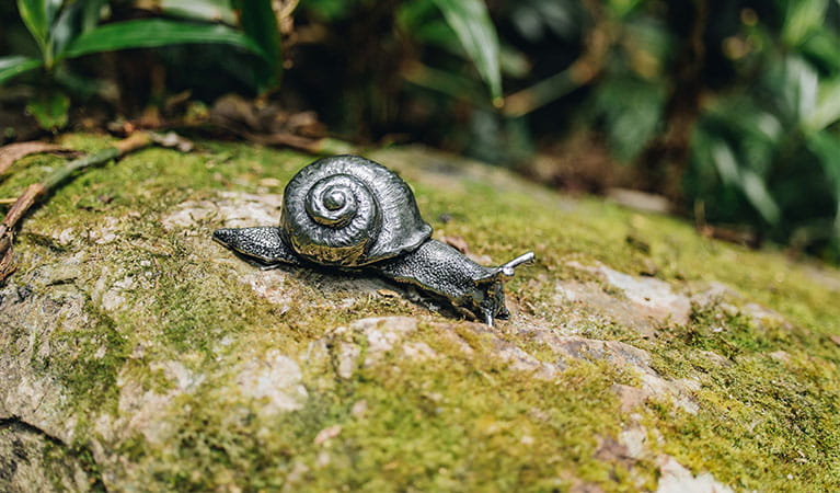 Metal sculpture of a snail on Wonga walk, Dorrigo National Park. Photo: Jay Black &copy; DPE