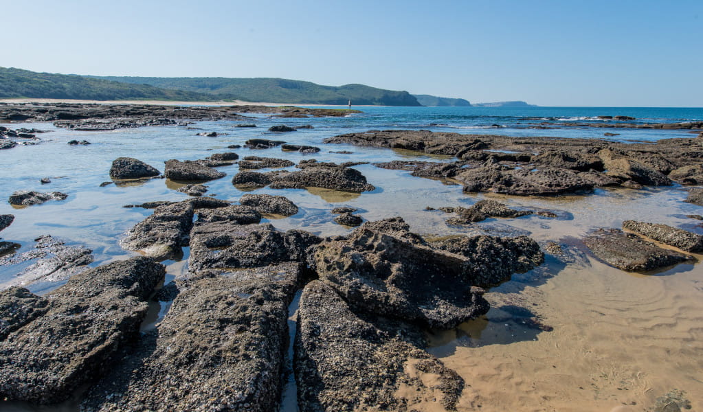 Sand and rock pools in foreground, with headlands and view of the coast against a blue sky in background. Photo: John Spencer &copy; DPE