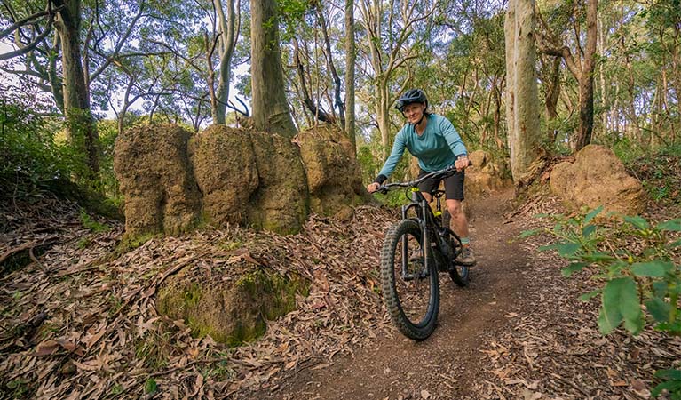 Mountain biker in Glenrock State Conservation Area. Photo: John Spencer &copy; DPE