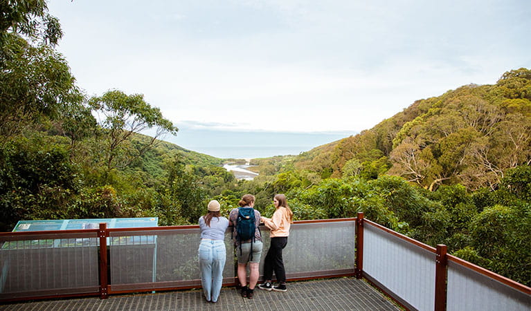 3 people look out over forest toward the ocean from Leichhardts lookout on Yuelarbah walking track, Glenrock State Conservation Area. Photo: Jared Lyons &copy; DPE