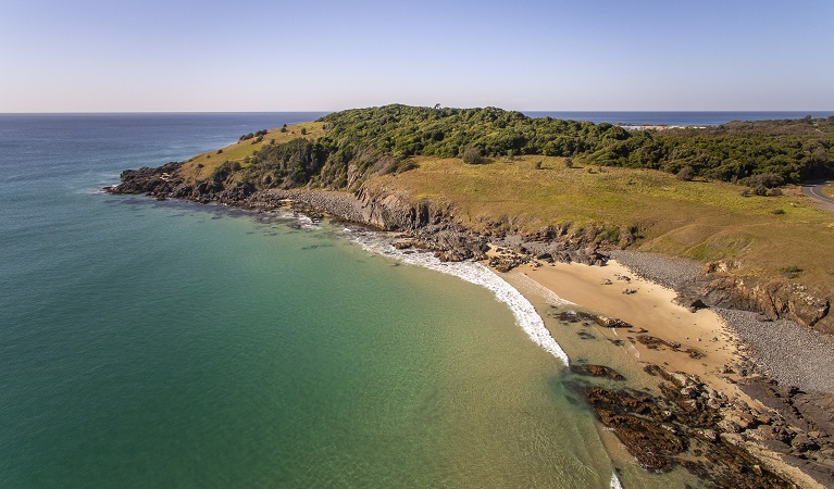 Aerial photo of the beach and Racecourse Headland in Goolawah National Park. Photo: John Spencer/OEH