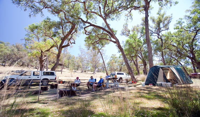 A group of people sitting beside their tent and car at Big River campground, Goulburn River National Park. Photo: Nick Cubbin &copy; DPIE
