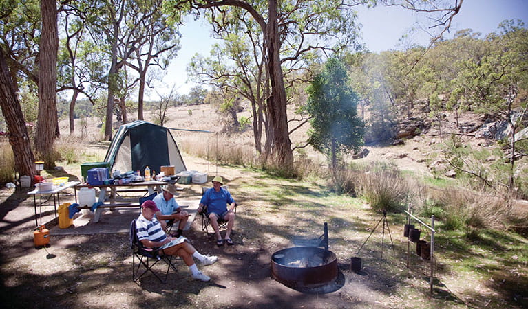 A group of campers around a fire ring at Big River campground in Goulburn National Park. Photo: Nick Cubbin &copy; DPIE
