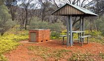 Barbecue and picnic table with shelter set in a clearing with yellow wildflowers. Photo credit: Leah Pippos &copy; DPIE