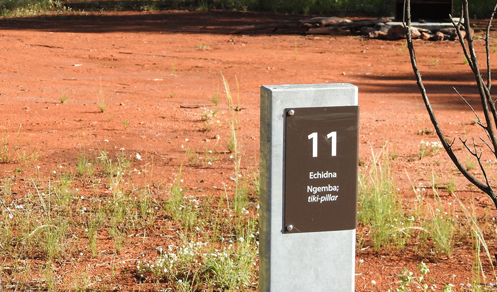 Close-up of sign post for a campsite named Echidna at Dry Tank Campground in Gundabooka National Park. Photo credit: Jess Ellis/DPE &copy; DPE