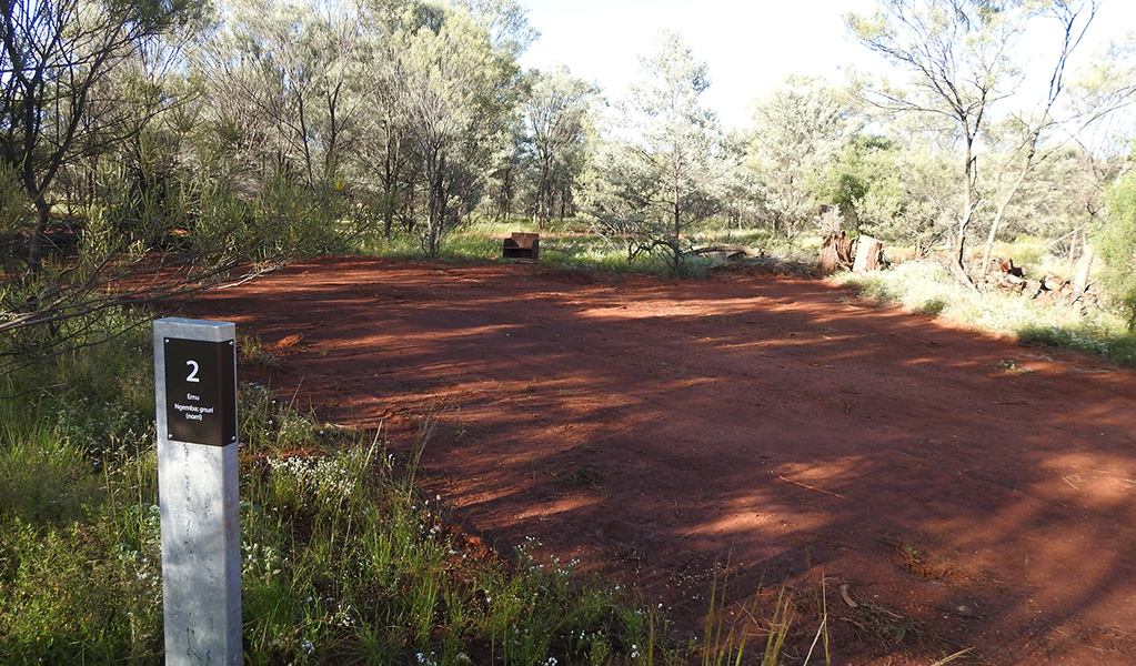 Photo of campsite number 2 surrounded by trees, grass and shrub at Dry Tank campground in Gundabooka National Park. Photo credit: Jess Ellis/DPE &copy; DPE