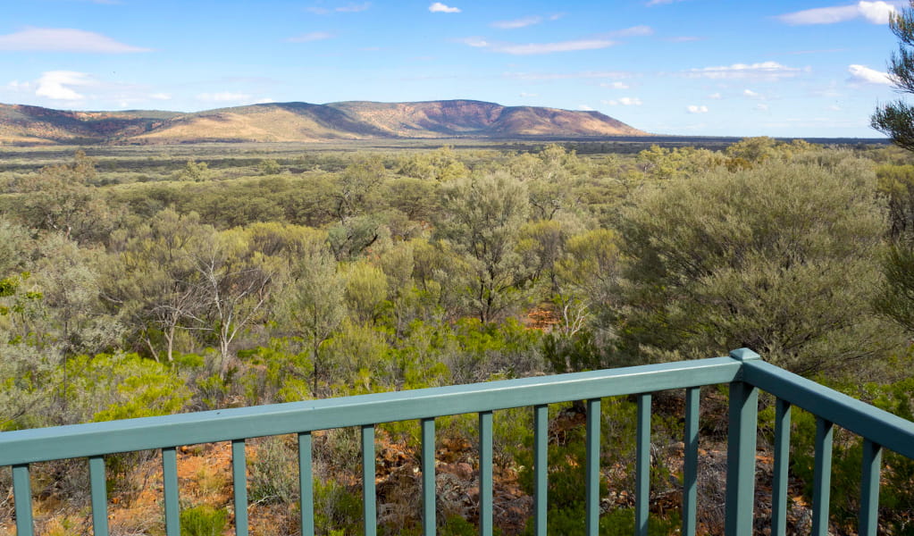 View over steel railing of viewing platform to bushland and Gunderbooka Range in Gundabooka National Park. Photo credit: Leah Pippos &copy; DPIE
