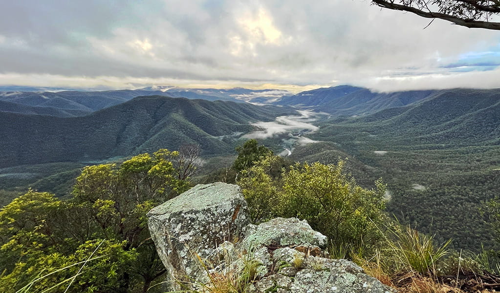 View past rocky crag of Lucifers Thumb  to forest-clad mountains, valleys and the Guy Fawkes River. Photo &copy; Tina Sullivan