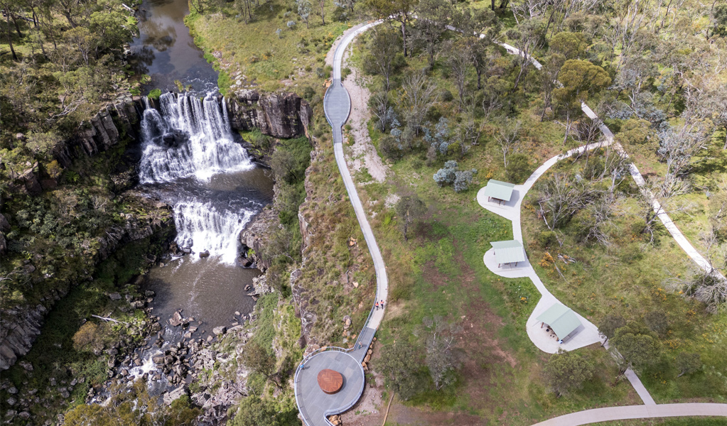 Aerial view of Ebor Falls and walking tracks, Guy Fawkes River National Park. Photo: David Waugh, &copy; DCCEEW