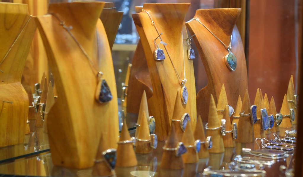 Silver jewellery featuring opal and semi-precious stones at Talisman Gallery. Photo: Asha Constance &copy; DCCEEW