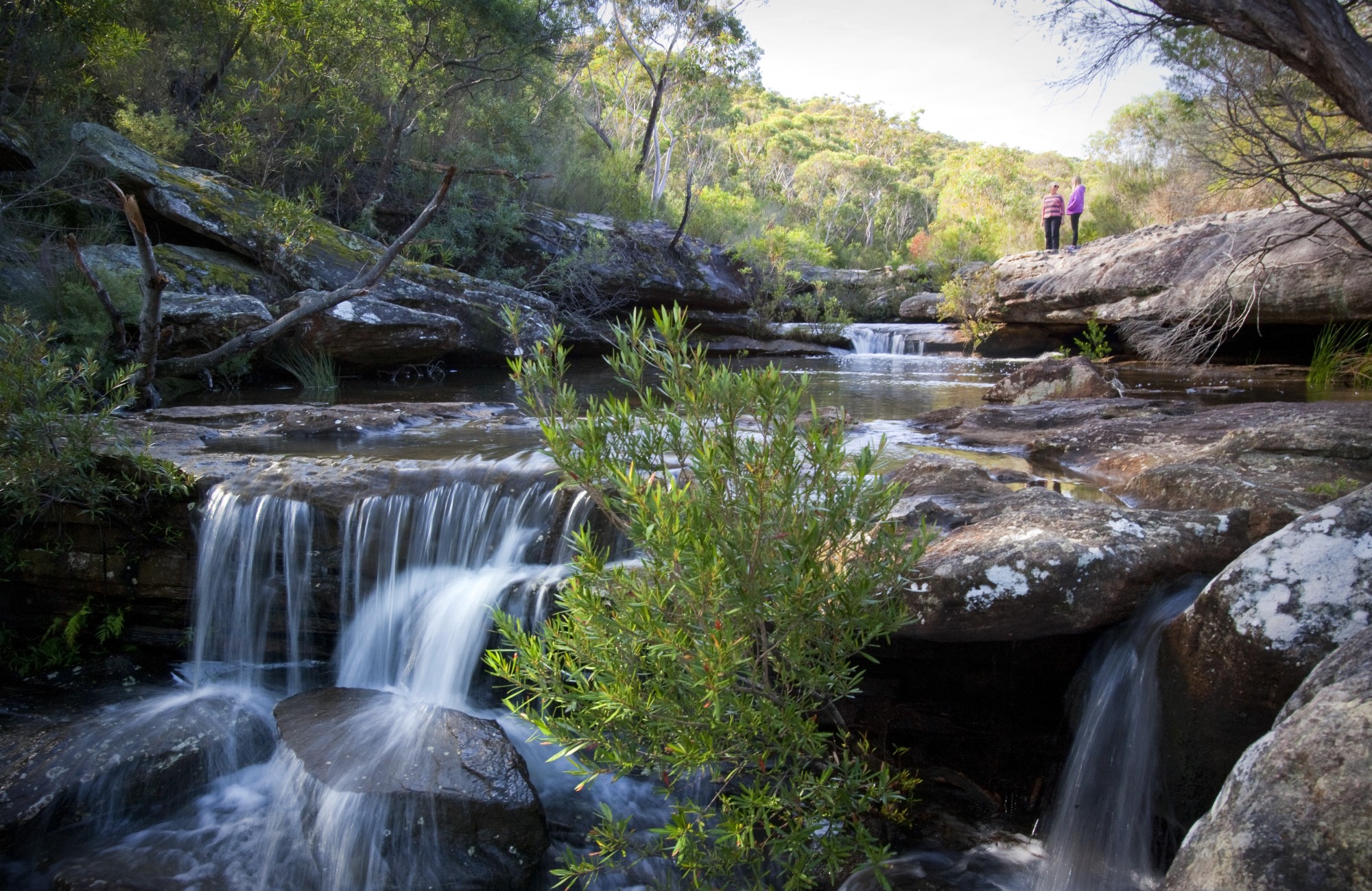 Two people looking at the cascading waterfall at Kingfisher Pool in Heathcote National Park. Photo: Nick Cubbin &copy; DPIE