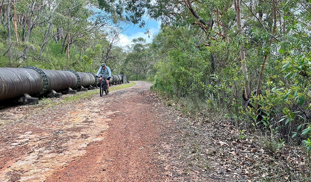 Cyclist on Pipeline trail to Mirang Pool in Heathcote National Park. Credit: Natasha Webb &copy; DCCEEW/Natasha Webb