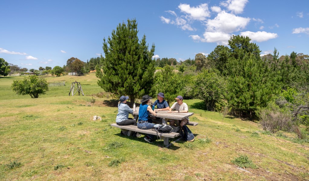 A group of walkers rest at a picnic table amongst rural scenery along Bald Hill walking track at Hill End Historic Site. Photo: John Spencer/DCCEEW &copy; DCCEEW