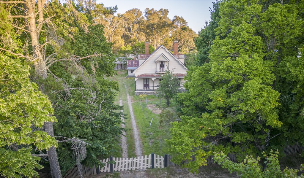 A low aerial view of Craigmoor House in Hill End Historic Site. Photo: John Spencer &copy; DPE