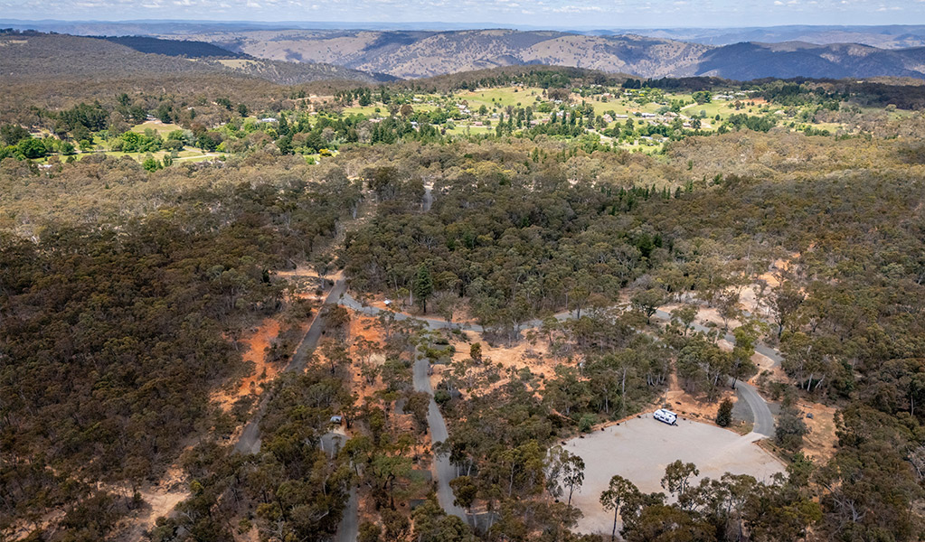 Aerial view of Glendora campground and the surrounding bushland. Credit: John Spencer/DCCEEW &copy; DCCEEW