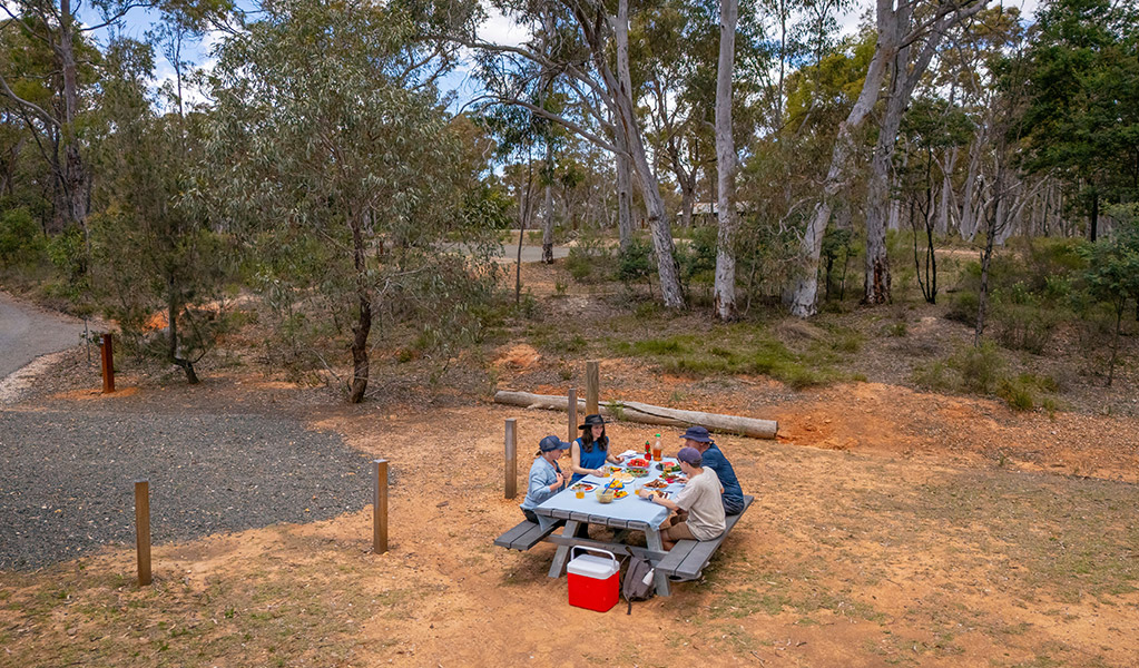 A group of campers eating lunch at a picnic table, Glendora campground. Credit: John Spencer/DCCEEW &copy; DCCEEW