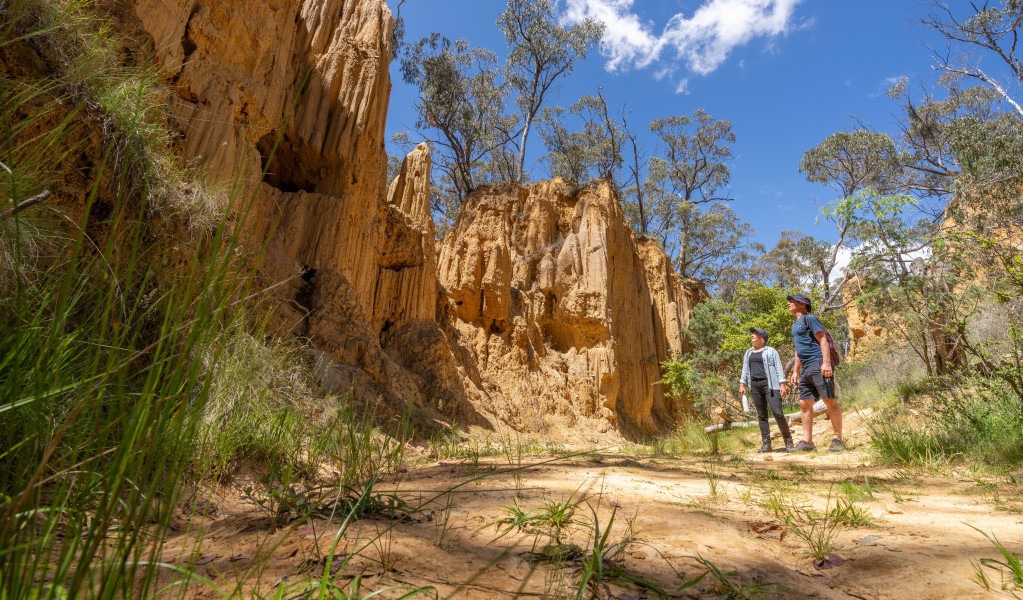 Two people inspecting the exposed remnants of historic mine shafts at Golden Gully waking track, Hill End Historic Site. Photo: John Spencer/DCCEEW &copy; DCCEEW