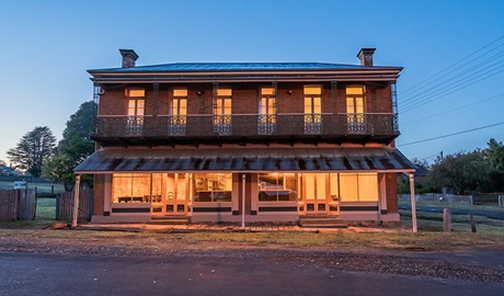 Exterior of Hosies accommodation at night, Hill End Historic Site. Photo: J Spencer/OEH