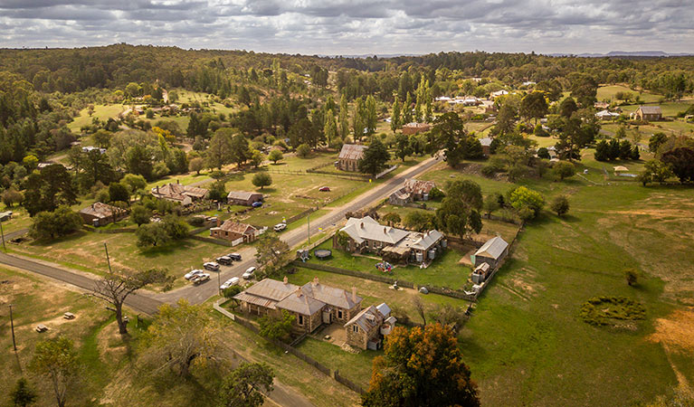 Aerial view of the historic buildings in Hill End Historic Site. Photo: John Spencer/OEH