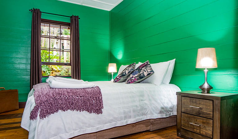 A bedroom with queen bed in Sydney Hotel Cottage, Hill End Historic Site. Photo: Steve Garland &copy; DPIE