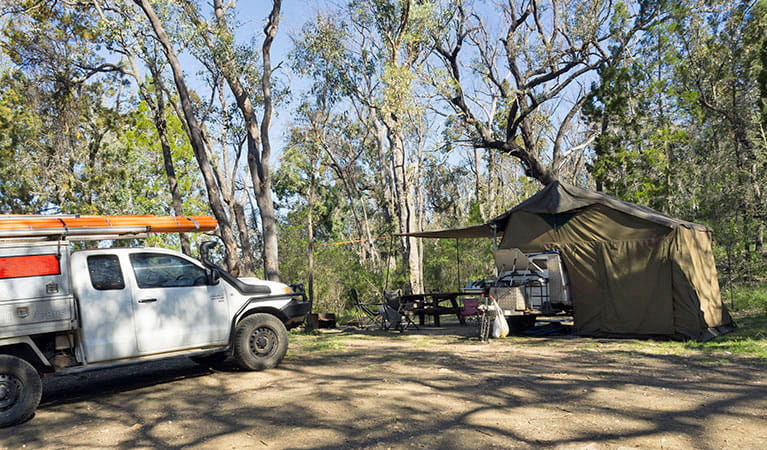 A tent with ute parked next to it in Horton Falls campground and picnic area, Horton Falls National Park. Photo &copy; Leah Pippos &copy; DPIE