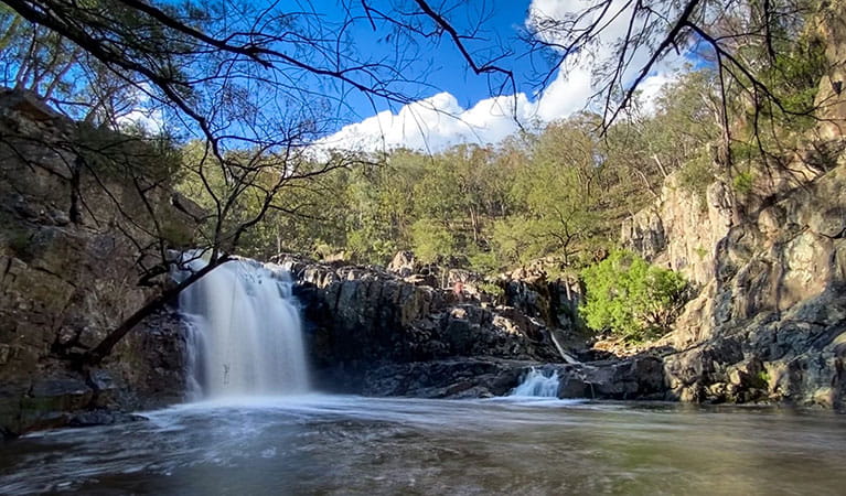 Water cascades over rocky ledges into a pool surrounded by bushland in Horton Falls National Park. Photo: Lauren Sparrow &copy; DPIE