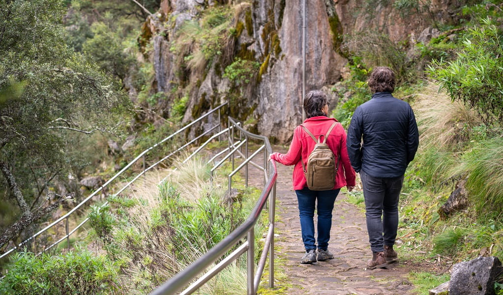 Two walkers descend the path to Carlotta Arch in Jenolan Karst Conservation Reserve. Photo: Jenolan Caves &copy; DPE