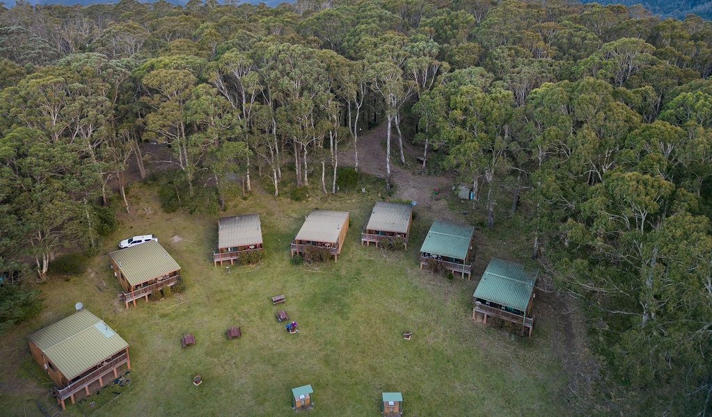 An aerial view of Binda Bush cabins, Jenolan Karst Conservation Reserve. Photo: Jenolan Caves &copy; DPE