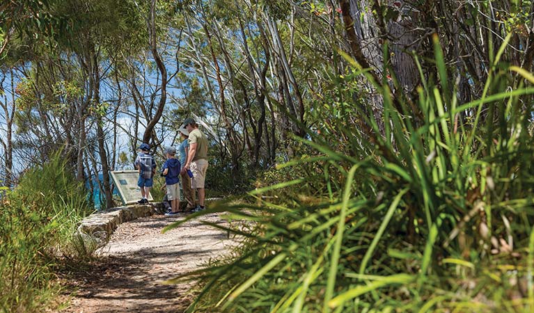 A family read a sign along Scribbly Gum track in Jervis Bay National Park. Photo: David Finnegan &copy; DPIE