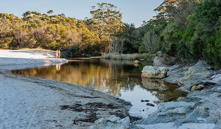 Two peopl stand beside a creek at Hyams Beach, Jervis Bay National Park. Photo: Michael Van Ewijk &copy; OEH