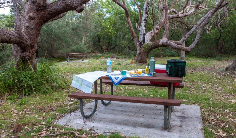 Food containers on a picnic table, Red Point picnic area, Jervis Bay National Park. Photo: Michael Van Ewijk &copy; DPIE