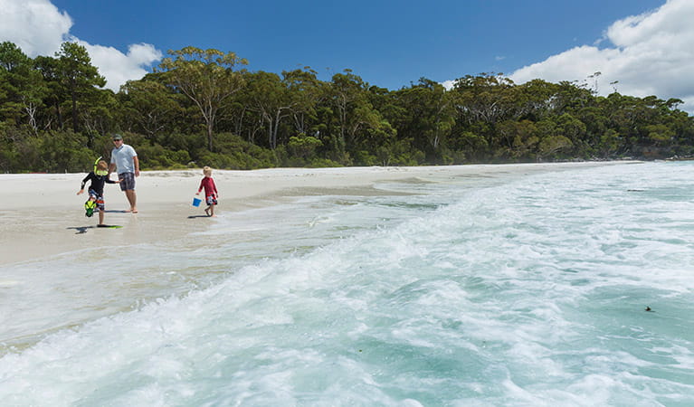 A father and two children play by the waves at Chinamans Beach, Jervis Bay National Park. Photo: David Finnegan &copy; DPIE