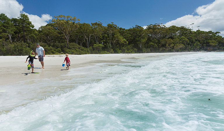 A father and two children play by the waves at Chinamans Beach, Jervis Bay National Park. Photo: David Finnegan &copy; OEH