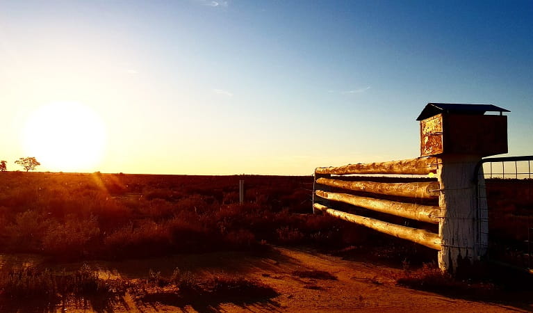 An old fence and gate at sunset, Kalyarr National Park. Photo: Samantha Ellis &copy; DPIE