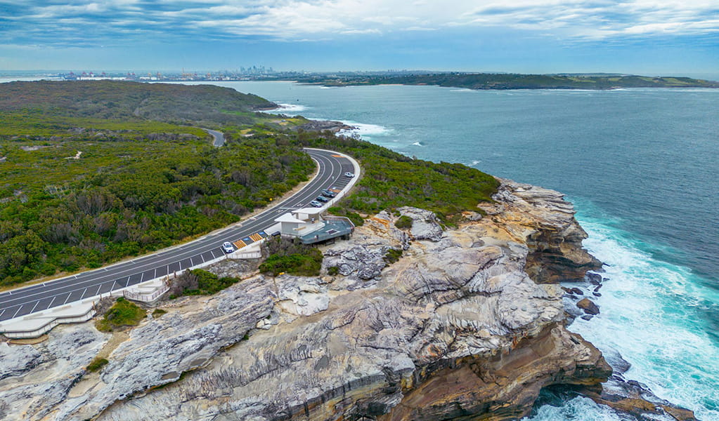 Aerial photo of the whale watching platform at Cape Solander with views back to Botany Bay and Sydney. Photo: John Spencer &copy; DPE