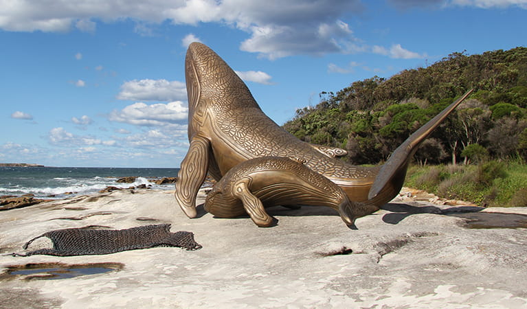 Bronze sculptures of whales behind Commemoration Flat picnic area, Kurnell. Photo credit: Natasha Webb &copy; DPIE