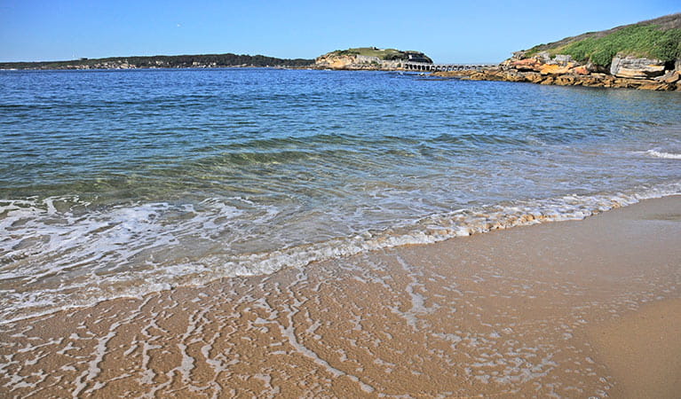 Gentle waves lap Congwong Beach, with Bare Island in background.  Photo: Kevin McGrath/OEH.